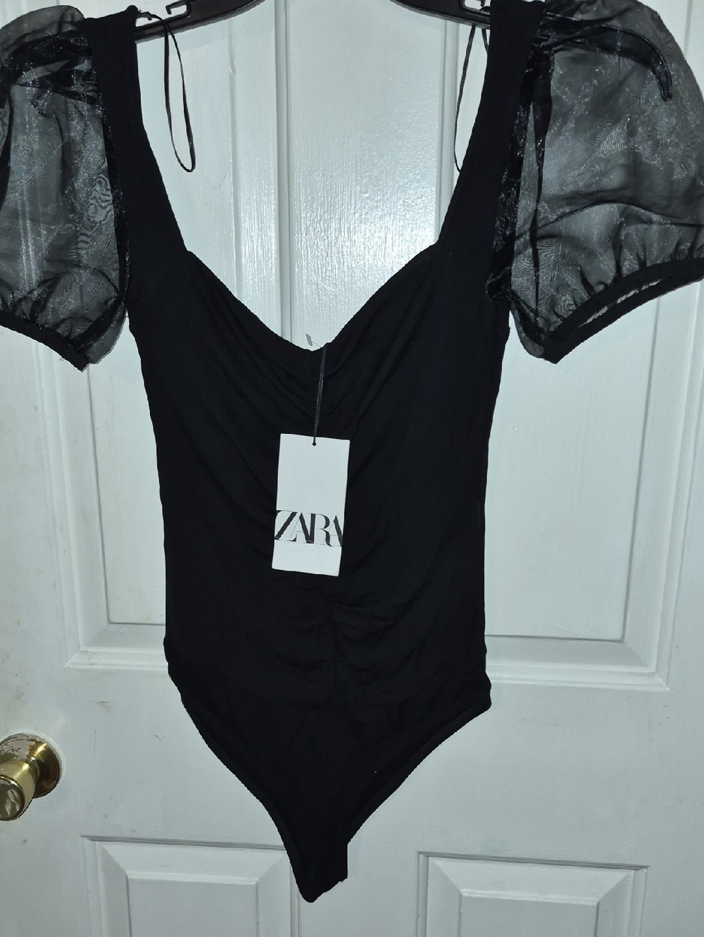 Zara Black Sheer Puff-Sleeve Bodysuit
